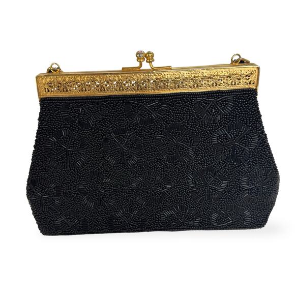 Vintage 1950s Black Beaded Hong Kong Evening Purse Gold Filigree AB Clasp - Picture 8 of 16
